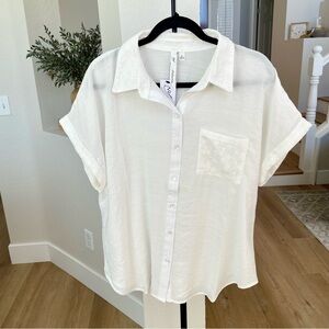 NWT NY Collection White Short Sleeve Embroidered Button Down Blouse - XL